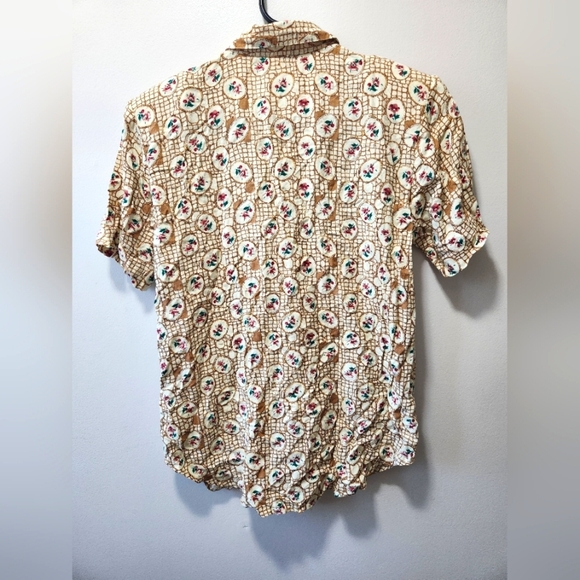 Vintage Union Khaki Floral Beige Woman's Short Sleeve Shirt Size M Shoulder Caps - Picture 2 of 10